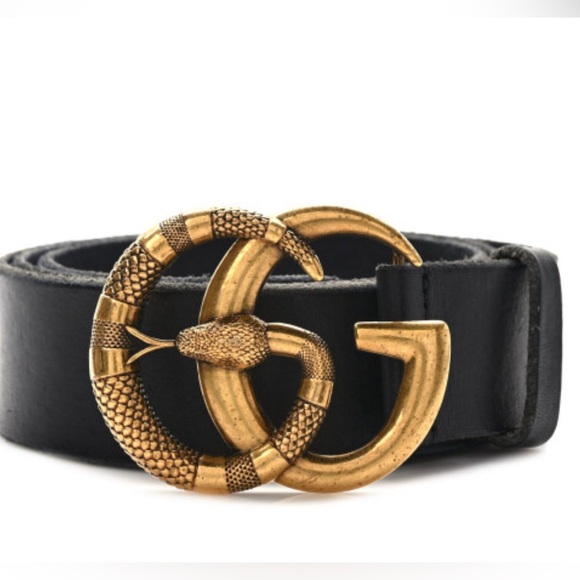 Gucci Black Leather Belt with Gold Snake G Buckle - Picture 1 of 11